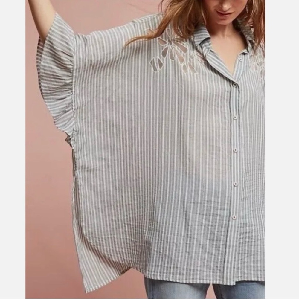 Anthropologie Gray Striped Floral Short Sleeve Oversized Buttondown Shirt L - Picture 9 of 13